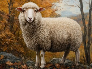 Fototapeta premium A serene sheep with lush wool stands amidst a vibrant autumn forest