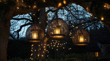 Fototapeta premium Three illuminated lanterns hang from a tree branch at night, surrounded by fairy lights.