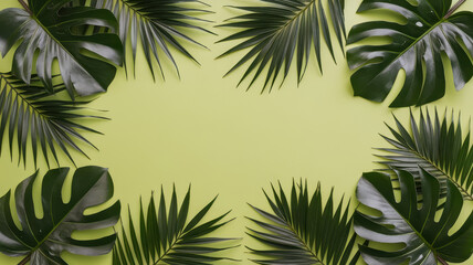 Naklejka premium A vibrant arrangement of dark green tropical leaves on a bright lime green background, creating a lively and fresh atmosphere.