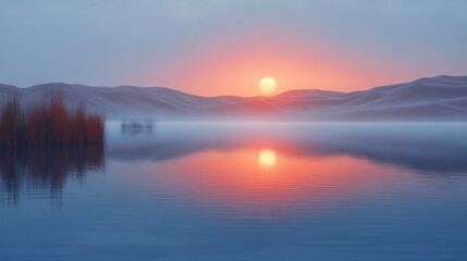 Obraz premium Serene sunset over misty lake.