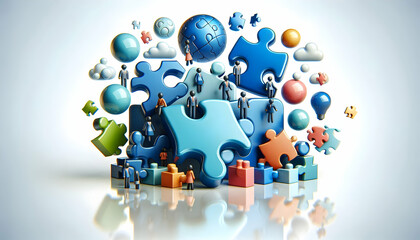 3D Glossy background with floating puzzle pieces and team icons copy space on bottom. concept as Glossy background featuring floating puzzle pieces alongside team icons symbolizing flexibility and dyn