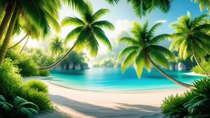 Fototapeta premium Tropical paradise, crystal clear lagoon, white sandy beach, lush palm trees, sunlight filtering through leaves, exotic jungle foliage, tranquil waters, idyllic island scenery, vibrant green vegetation