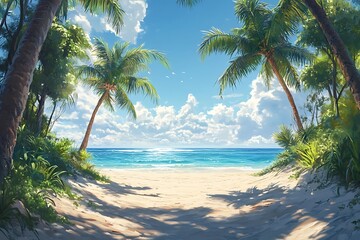 Obraz premium Tropical Island Beach Scene with Palm Trees and Sun Drenched Sand