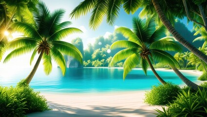Fototapeta premium Tropical paradise, crystal clear lagoon, white sandy beach, lush palm trees, sunlight filtering through leaves, exotic jungle foliage, tranquil waters, idyllic island scenery, vibrant green vegetation