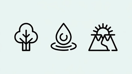 Minimalist icons depicting nature: a tree symbolizing life, a droplet representing water, and a mountain with a sunrise showcasing serenity.