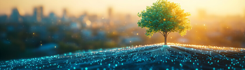 Abstract circuit tree growing from cityscape with copy space concept as A soft abstract image shows a tree made of circuit lines growing from a cityscape symbolizing growth and sustainability in cyber