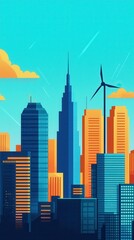 Obraz premium Urban skyline view with wind turbines city digital art modern aerial perspective sustainability concept