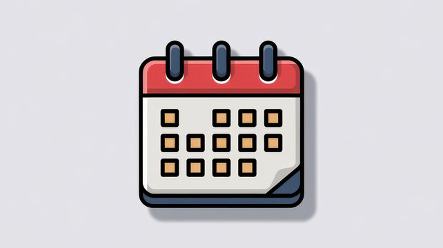 A colorful illustration of a desktop calendar with a red header and golden squares for dates, set against a light gray background.