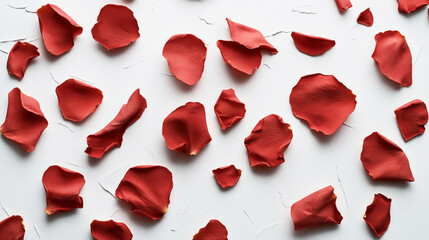 Scattered red rose petals on a textured white background creating a romantic and elegant floral composition.