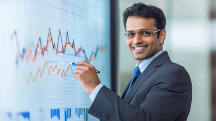business, statistics and people concept - smiling indian businessman with marker drawing chart on screen or glass wall over office background