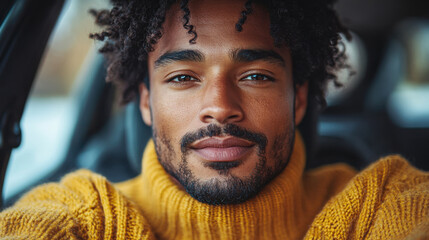 Fototapeta premium A confident young man with curly hair wearing a cozy yellow sweater inside a car on a bright winter day