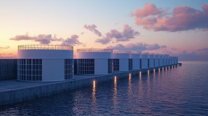 Fototapeta premium Modern architectural structures by the water sunset view contemporary design