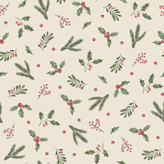 Watercolor Christmas seamless pattern with hand drawn watercolor holly branches, leaves and berries illustration. Repeat nature floral background for wrapping, packaging design or print.