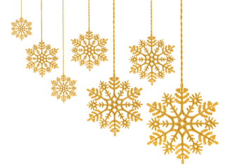 Set of Christmas ornaments isolated on transparent background. Arrangement of hanging golden snowflakes