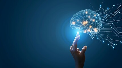 A hand reaching towards a glowing brain, symbolizing the connection between technology and human intelligence.