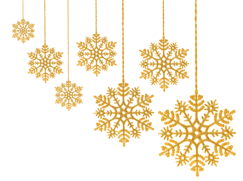 Set of Christmas ornaments isolated on transparent background. Arrangement of hanging golden snowflakes
