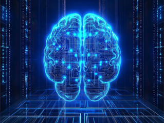 Brain blueprint illustration. glowing brain design with digital circuits symbolizes intelligence and technology.