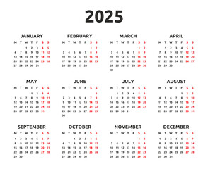 Calendar 2025 year. Monday first, two weekends. Simple calender layout. Desk planner template with 12 months. Yearly diary