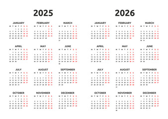 Calendar 2025 and 2026 year. Monday first, two weekends. Simple calender layout. Desk planner template with 12 months. Yearly diary