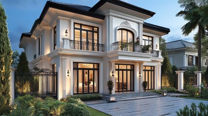 Elegant two-story mansion with large windows and landscaped garden in a serene setting.