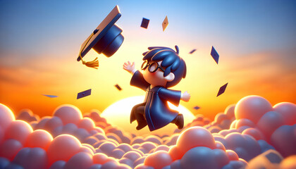 Fototapeta premium 3D Graduate tossing cap in air during sunset copy space on top concept as A graduate enthusiastically tossing their cap into the air against a vibrant sunset backdrop symbolizing freedom and achieveme