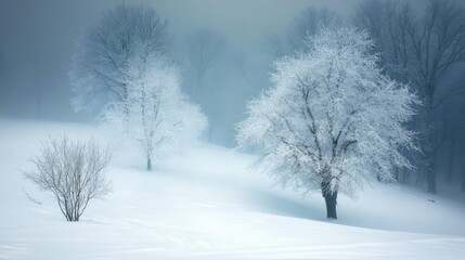 Obraz premium A misty winter landscape with snow-covered trees and a dusting of snow on the ground.