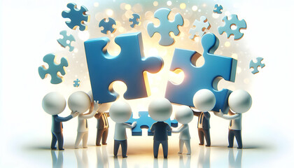 3D Colleagues fitting puzzle pieces together with bokeh lights in background copy space above. concept as Colleagues fitting puzzle pieces together with bokeh lights in the background symbolizing focu