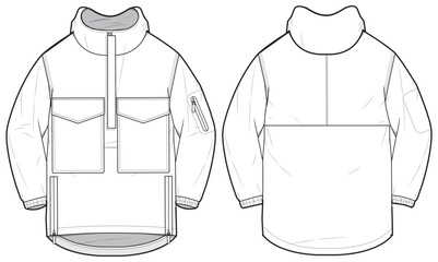Travel Anorak Hoodie jacket design flat sketch Illustration, Protection Hooded jacket with front and back view, winter hoody jacket for Men and women. for hiker, outerwear in winter © Fathima Flats