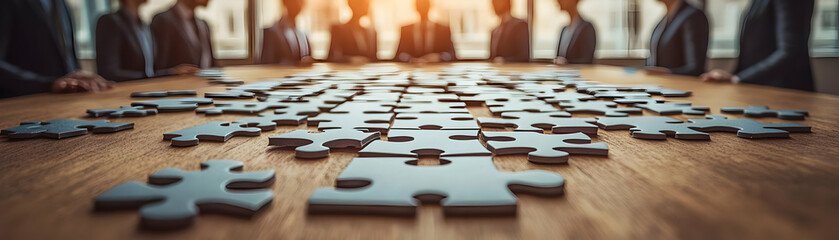Business team strategizing over puzzle pieces in conference room copy space above. concept as A business team strategizing over puzzle pieces in a conference room showcasing strategic planning and col
