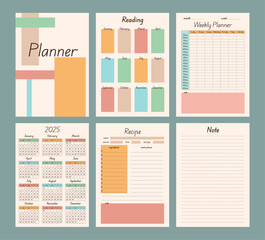 Planner template set, weekly budget, reading list, calendar 2025, recipe, to do list, checklist, time menagement concept, minimalist template page, organiser on beige background for papers