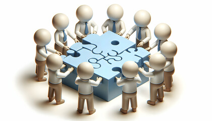 3D Group of employees solving a puzzle with soft abstract overlay copy space below. concept as A group of employees solving a puzzle with a soft abstract overlay representing unity and collaborative e
