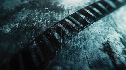 Close-up of a weathered film strip, showcasing the sprocket holes and textured surface.