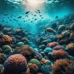 Obraz premium Majestic Sea Turtle Glides Through Vibrant Coral Reef Paradise as Sunlight Illuminates Tropical Marine Ecosystem Below