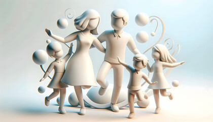 Obraz premium 3D Family dancing on soft abstract background copy space on left. concept as A joyful family dancing together with a soft abstract background capturing happiness and harmony in shared dance activities