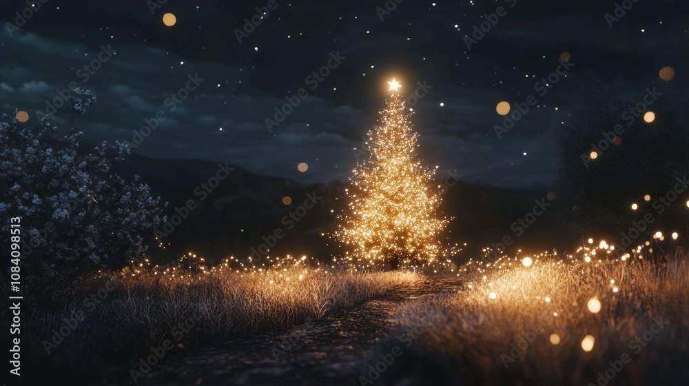 Poster a christmas tree with a star on top is lit up in the dark