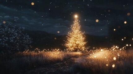A Christmas tree with a star on top is lit up in the dark