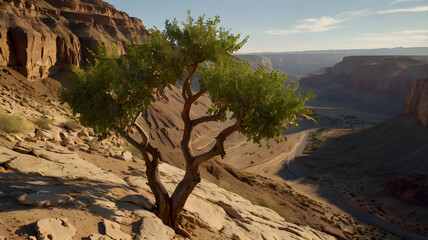 Majestic view of desert canyon at sunset. Lone Prosopis tree on cliff edge, dramatic shadows. Hyper-realistic landscape, 16:9 proportion. Perfect for nature documentaries, travel blogs.