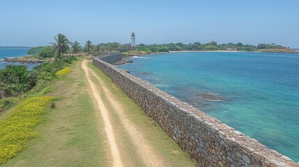 Fototapeta premium Scenic coastal pathway with a lighthouse and vibrant blue waters.