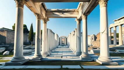 Fototapeta premium Ancient Greek architecture, marble columns, classical temple, Doric order, symmetrical design, stone steps, blue sky, archaeological site, historical monument, ruined structure, sunlit facade, archite