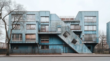 Here's a possible  and keyword list for your stock photo.. Weathered blue apartment building with external staircase.