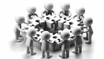 3D Monochrome team silhouettes solving puzzle isolated on white background concept as Monochrome team silhouettes solving a puzzle representing unity and collective effort in team building puzzle solv
