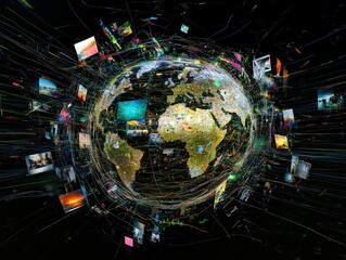 Abstract digital globe with global network connections and images of media content floating around it, representing the world's interconnectedness in modern communication technology Generative AI