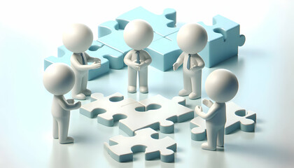 3D Team members discussing puzzle strategy with soft abstract digital art background copy space on right. concept as Team members discussing puzzle strategy with a soft abstract digital art background