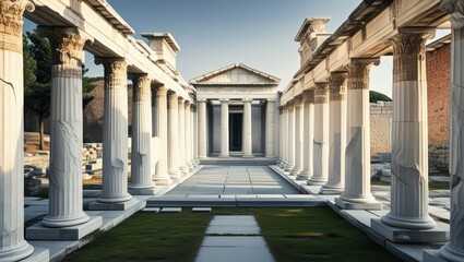 Ancient Roman architecture, marble columns, circular colonnade, ruined structure, Mediterranean landscape, blue sky, cypress trees, historical site, archaeological ruins, classical design, sunlit ston