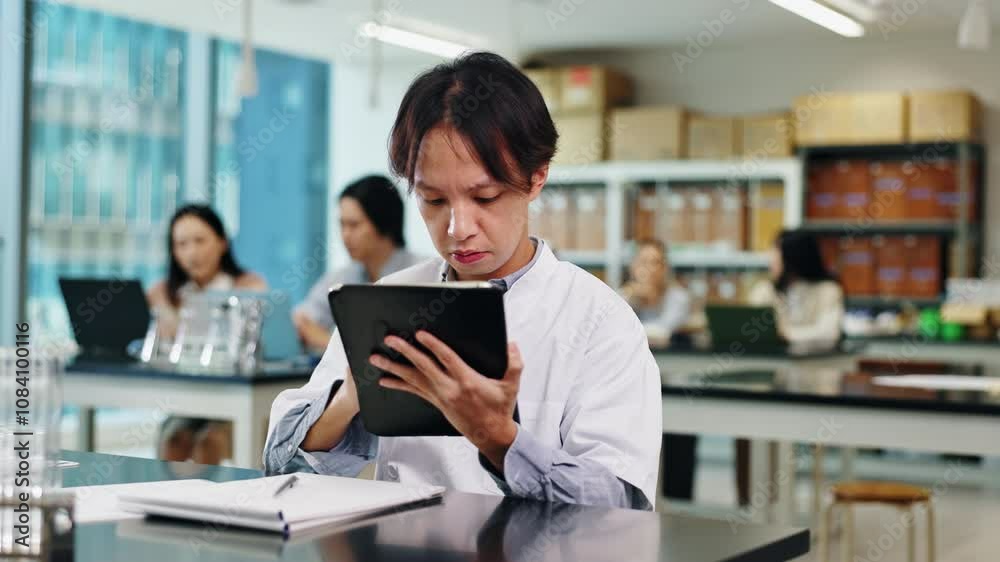 Poster Man, tablet and lab app at university with students, digital project and thesis writing. College, classroom and knowledge with science notebook and website research for phd of graduate on school tech