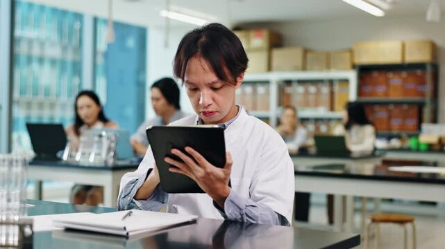 Man, tablet and lab app at university with students, digital project and thesis writing. College, classroom and knowledge with science notebook and website research for phd of graduate on school tech