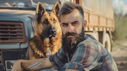 A man with a beard poses next to a German Shepherd dog by an old vehicle in a natural setting.
