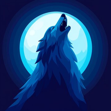 A blue wolf howls at a full moon in the night sky.