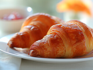 Deliciously golden croissants served on a white plate with a hint of fruit preserve and morning...