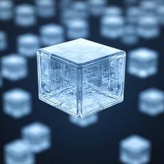 Fototapeta premium A single, transparent ice cube floats in front of a blurred background of other ice cubes.